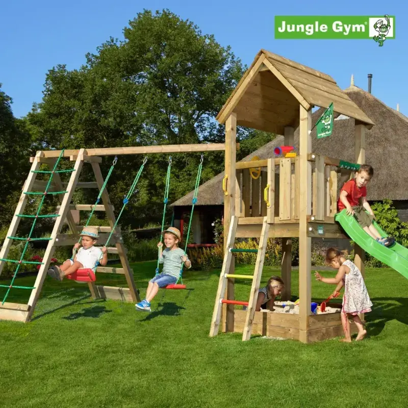 Jungle Gym Club legetårn med klatremodul og rutschebane
