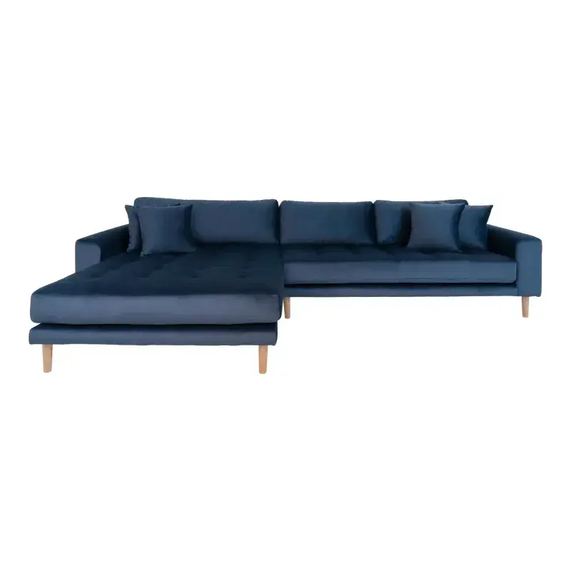 Venstrevendt sofa i mørkeblåt velour med puder - HN1005
