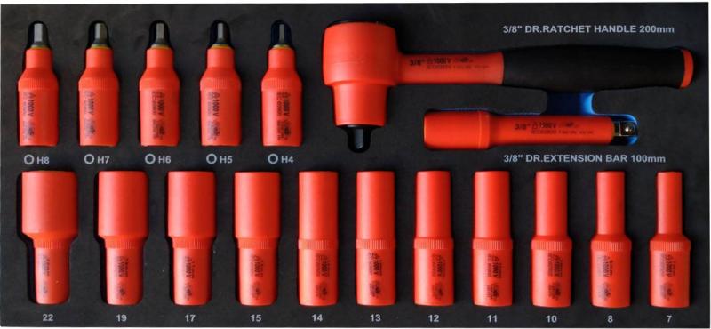 BATO VDE 1000V Topnøglesæt 3/8" Toppe 7-22mm. Stifttoppe 4-8mm. EVA 1/3.