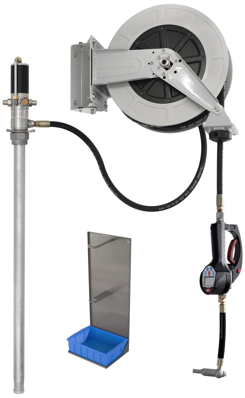 Olieanlæg m/luftpumpe, dig.pistol, slangerulle 15m